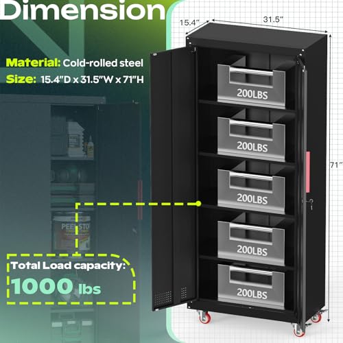 Metal Garage Storage Cabinet, Tall Garage Cabinets with 5 Adjustable Shelves, Steel Tool Storage Cabinet with Wheels