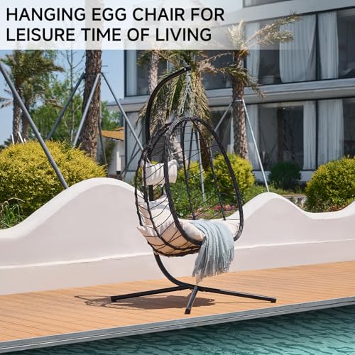 Outdoor Hanging Egg Chair, Patio Wicker Swing Chair with Stand and Cushion, Wider Basket Seating