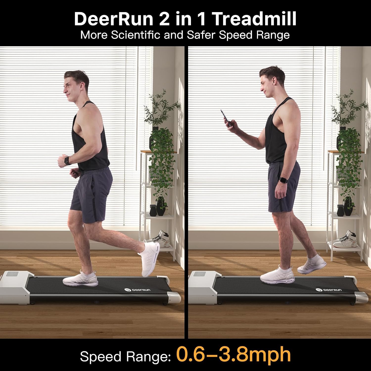 DeerRun Walking Pad Treadmill Under Desk, 2 in 1 Walking Pad Portable Treadmill with 265lbs Capacity