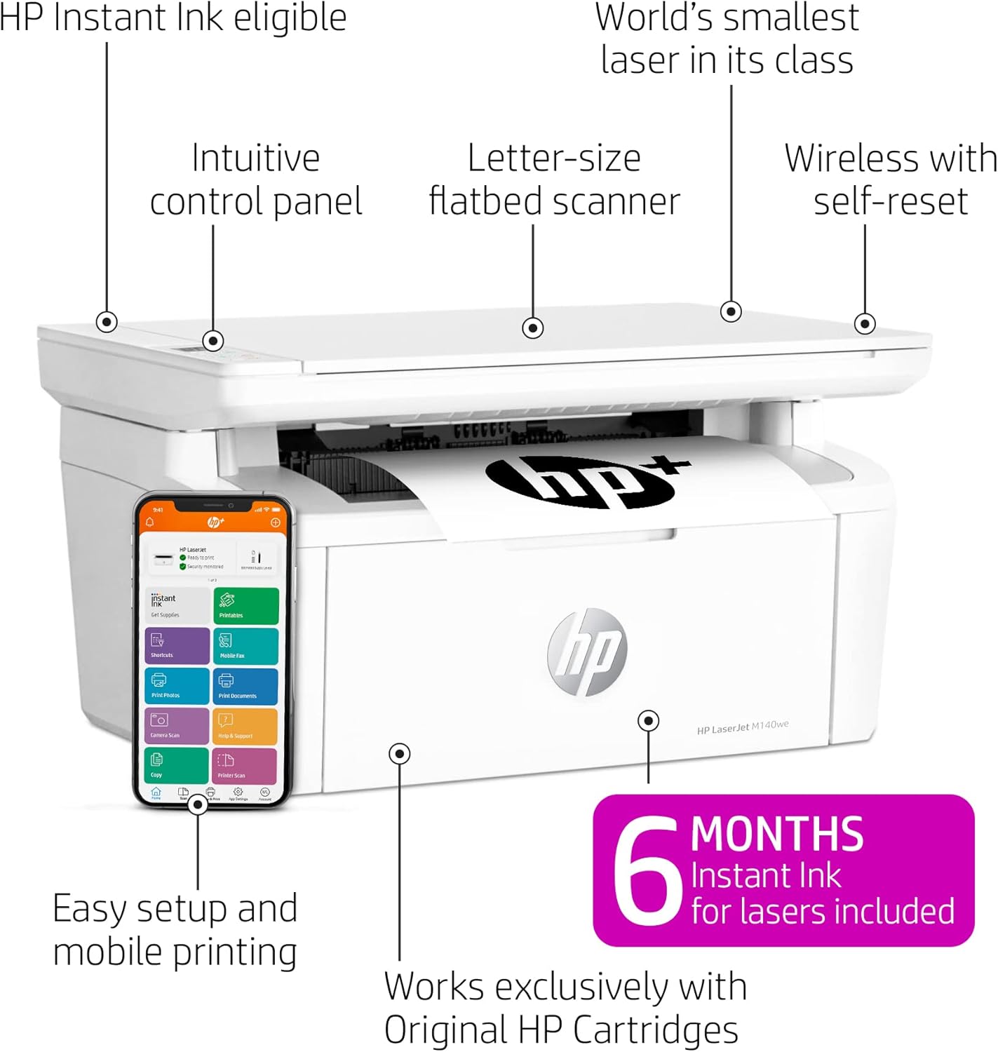 HP LaserJet MFP M140we All-in-One Wireless Black & White Printer with HP+ and Bonus 6 Months Instant Ink (7MD72E)