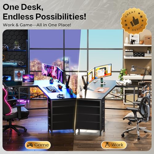 Huuger 63 Inch L Shaped Desk with Fabric Drawers, Reversible Computer Gaming Desk with Power Outlets and USB-C Port, Adjustable Side Storage Shelves
