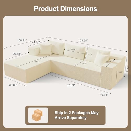 104" Sectional Couches for Living Room, Modular Sectional Sofa with Deep Seat, L-Shape Couch with Chaise, Cloud Couch for Living Room Bedroom