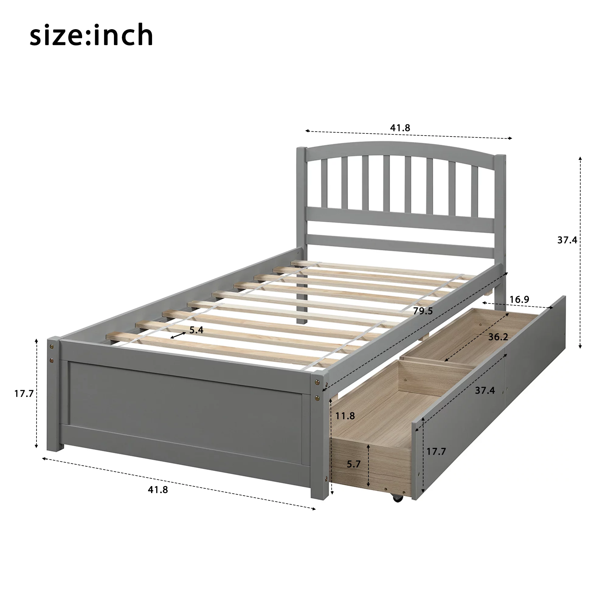Bellemave Twin Bed Frame with 2 Storage Drawers, Wood Platform Beds with Headboard, Modern Kids Storage Bed (Grey)
