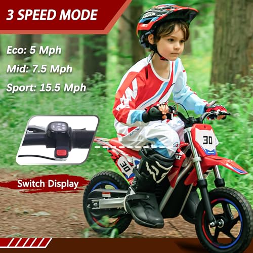 OLALA 36V Electric Dirt Bike for Kids Aged 4-8, Brushless 350W Racing Grade Electric Motorcycle, Up to 18.6MPH & 3 Speed Settings, Dual Disc Brakes