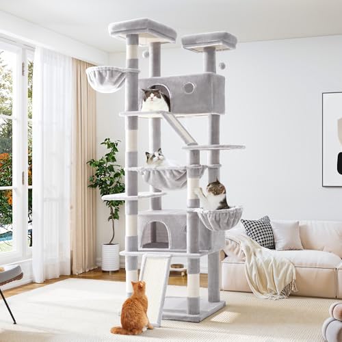 Allewie 81 Inches Tall Cat Tree/Multi-Level Large Climbing Tree House and Towers for Big Feline/Condo and Hammock/Scratching Post/Wide Base/Dark Grey