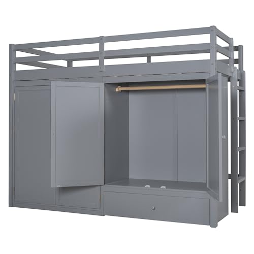 Harper & Bright Designs Twin Size Loft Bed with L-Shaped Desk and Stairs, Solid Wood Loft Bed Frame with Storage Drawers and Bookcase