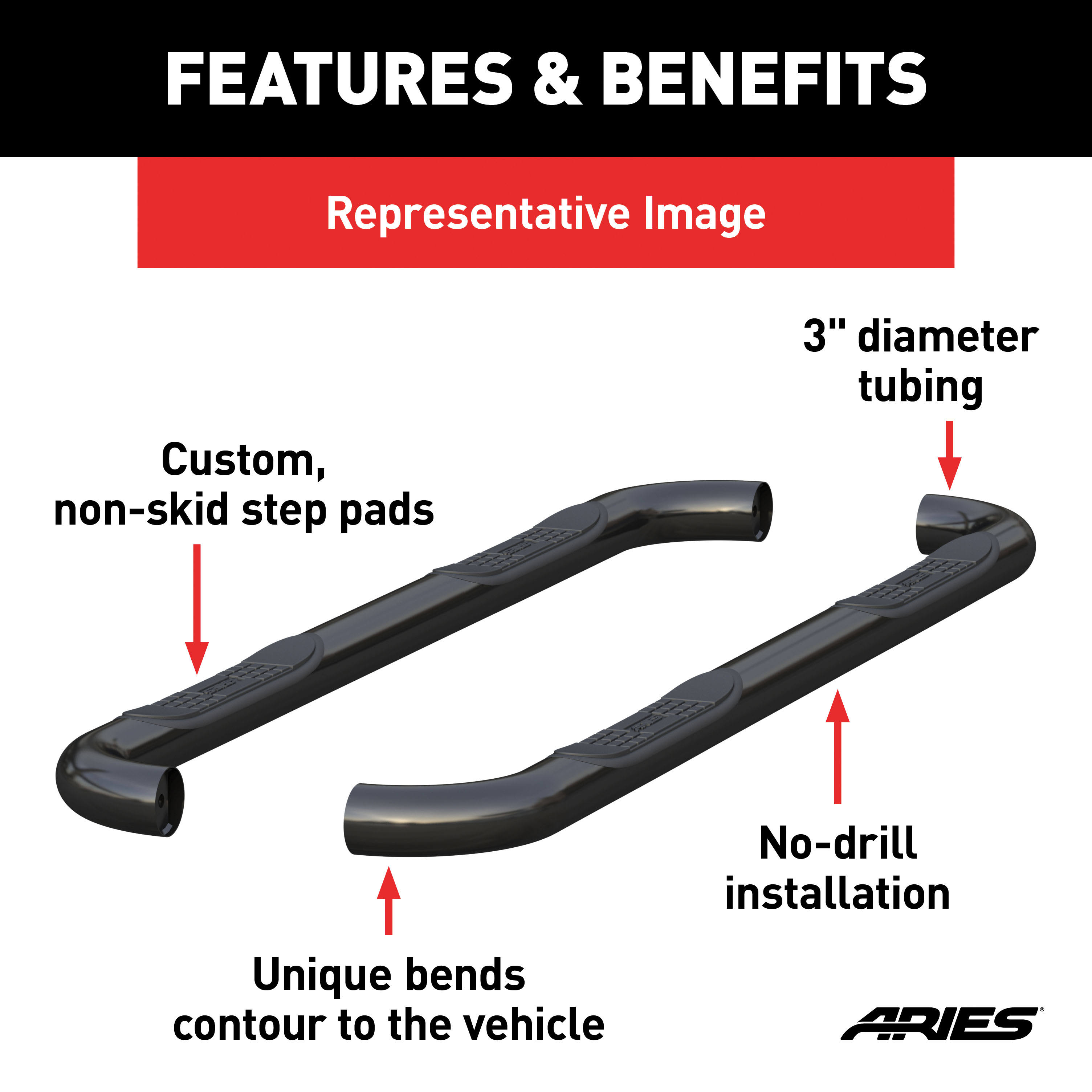 Aries 3-Inch Round Side Bars - Black 203012