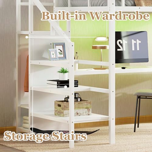 Bellemave Full Size Metal Loft Bed with L Shaped Desk and Wardrobe, Heavy Duty Loft Bed Frame with Storage Stairs