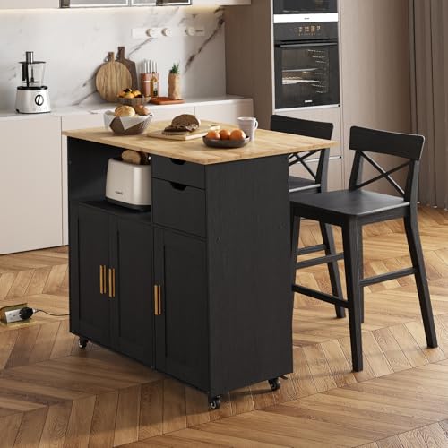 Rolling Mobile Kitchen Island Cart Bar with Drawer and Desktop Drop Leaf Countertop, Island Table Storage with 5 Wheels