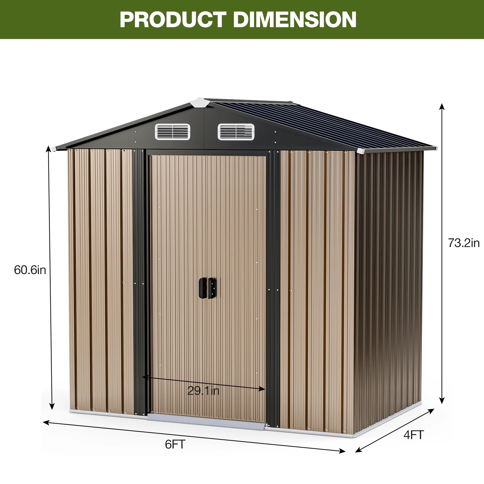 6 x 4 FT Outdoor Storage Shed, Metal Shed with Vents & Sliding Door for Gardening Tools Waterproof Thickened Galvanized Metal Storage Shed for Garden