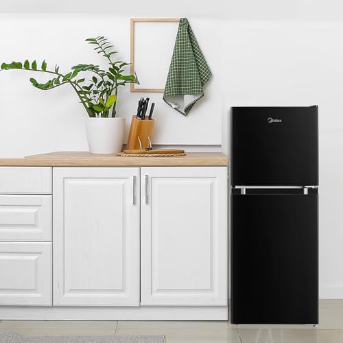 Midea WHD-113FB1 Double Door Mini Fridge with Freezer for Bedroom Office or Dorm with Adjustable Remove Glass Shelves Compact Refrigerator, 3.1 cu ft