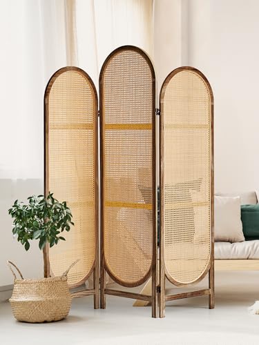 3 Panel Room Dividers and Folding Privacy Screens, Hand-Made Rattan Room Divider with Bi-Directional Hinge