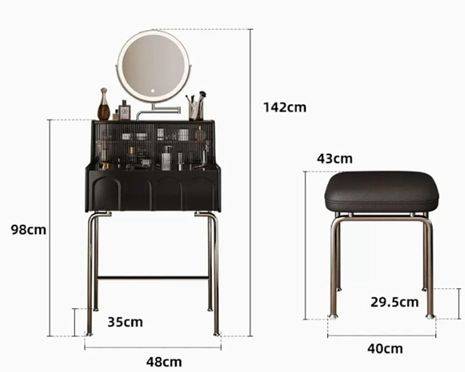 Small Vanity Desk Set with 3 Adjustable Lighted Mirror and Storage Shelf Black Tiny Vanity Table with Drawer for Bedroom Vanity Compact Dressing