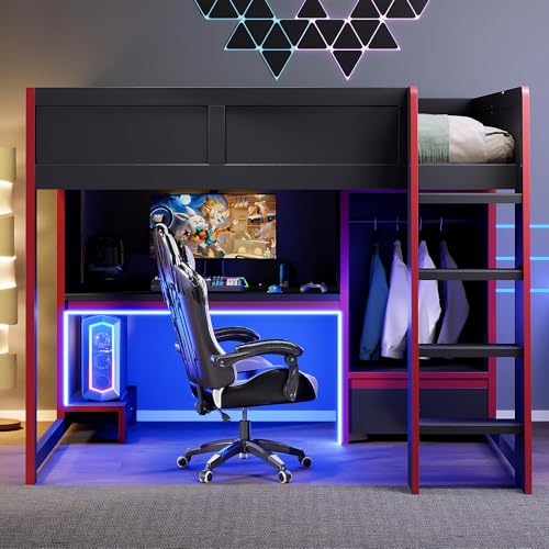 Modern Full Size Gaming Loft Bed with Built-in Desk and Storage Wardrobe, Wood Loft Bed Frame with Light Strip and 2 Drawers