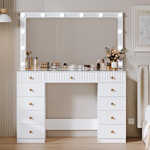 43" Makeup Vanity Desk with Mirror and Lights, & Power Outl, Glass Top Big Vanity Table with 9 Drawers& 8 Storage Shelves