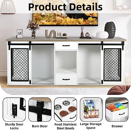 Large Dog Crate, Dog Crates for Medium Dogs, 47.2" Dog Kennel Indoor with Drawers, Feeder Bowls and Storage, 2 Sliding Doors