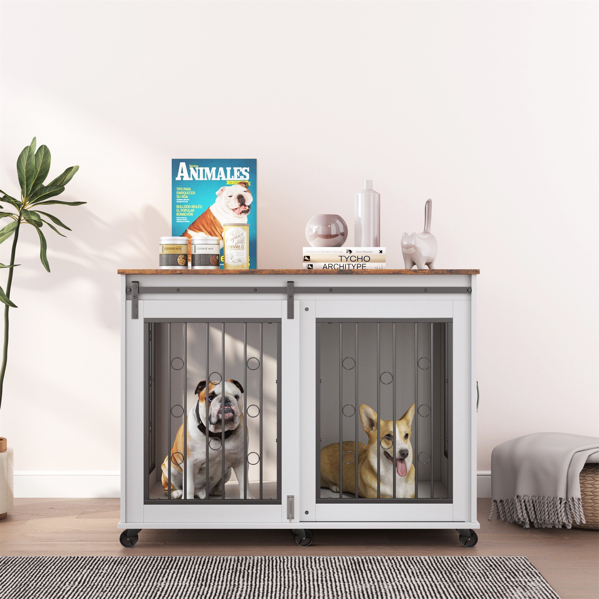 Ostreici 44" Anti-Bite Furniture Style Dog Crate Sliding Barn Door, Dog Kennel End Table w/ Wheels
