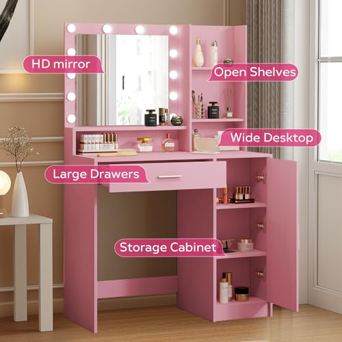 Vanity Desk with Mirror and Light, Large Drawer and Three Level Storage Dresser, 3 Lighting Modes Adjustable Brightness