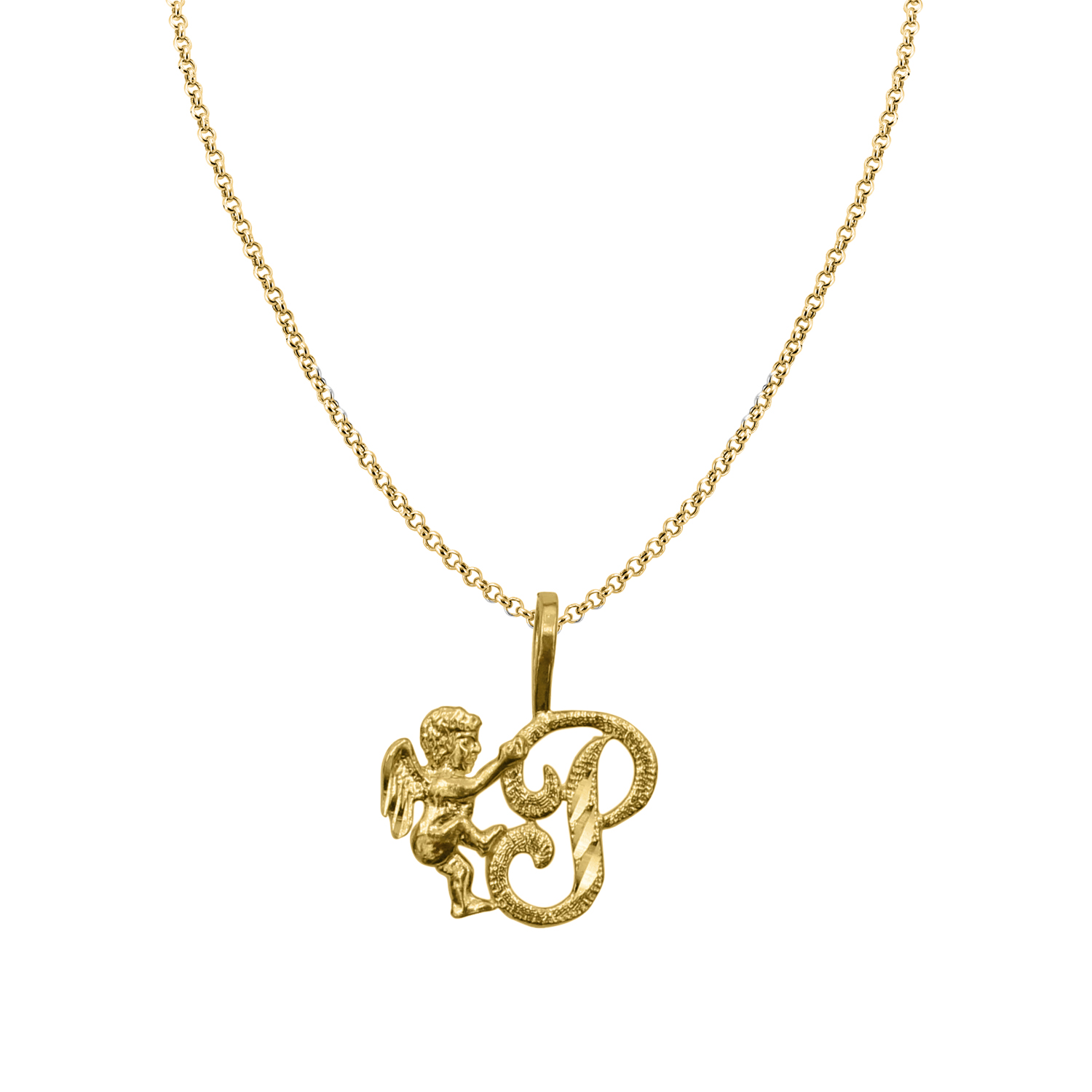Precious Stars 14K Yellow Gold Cherub and Cursive Initial Letter 'P' Pendant with 18" Chain Necklace
