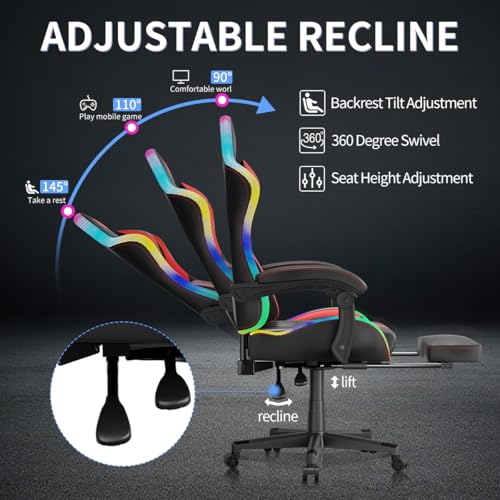 Gaming Chairs for Adults Tall and Kids，Lumbar Support,LED Lights，High Back Reclining Computer Chair with Headrest (Black+Blue)