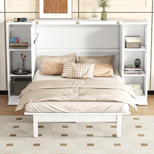 Queen Size Murphy Wall Bed with Storage, Bookcase Headboard, Solid Wood Cabinets, Shelves, Drawers and USB Ports