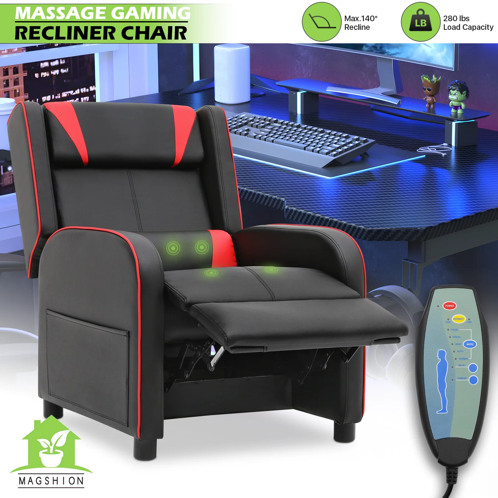 Magshion Gaming Massage Recliner Chair, Racing Style Game Lounge Chair with Footrest, Remote Control and Side Pocket, PU Leather Home Theater Seating