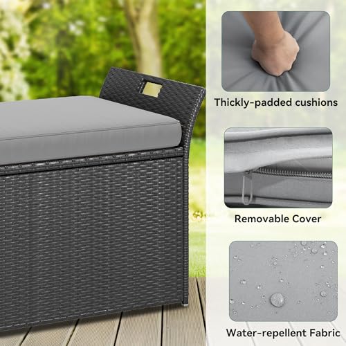 YITAHOME 90 Gallon Outdoor Wicker Storage Bench w/Cushion, Large PE Rattan Deck Storage Box w/Handles & Hydraulics for Patio Furniture, Cushions