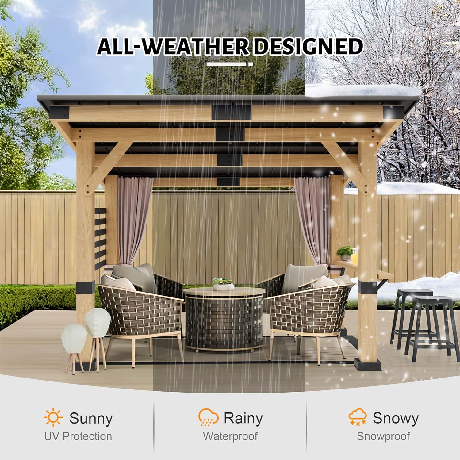 Wood Gazebo 10' x 12', Hardtop Cedar Gazebo with Metal Roof, Outdoor Wooden Gazebo with Curtains, Permanent Pavilion Grill Gazebo for Backyard, Deck