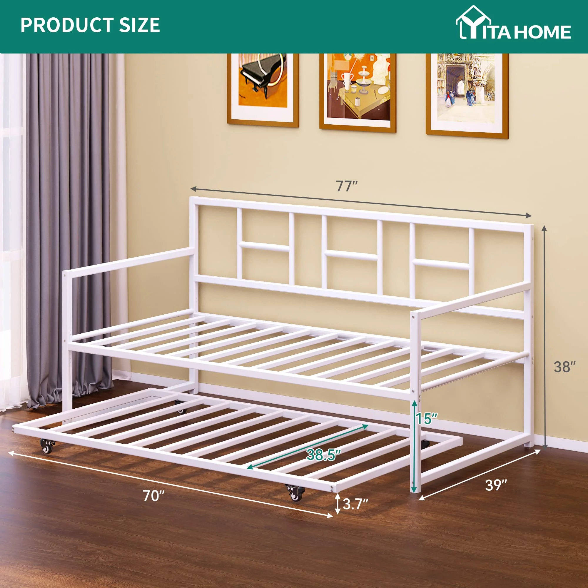 Dextrus Twin Daybed with Pull Out Trundle/Steel Slat Support/Space Saving Adjustable Height Trundle Bed and Multi-Functional Furniture for Living