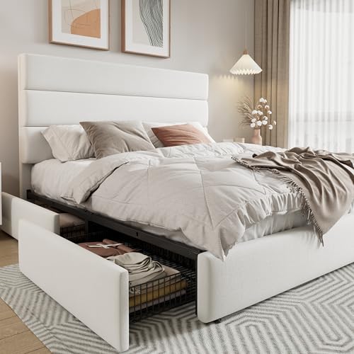 Allewie Modern Full Size Platform Bed Frame with 4 Storage Drawers and Velvet Upholstered Headboard, Wooden Slats Support