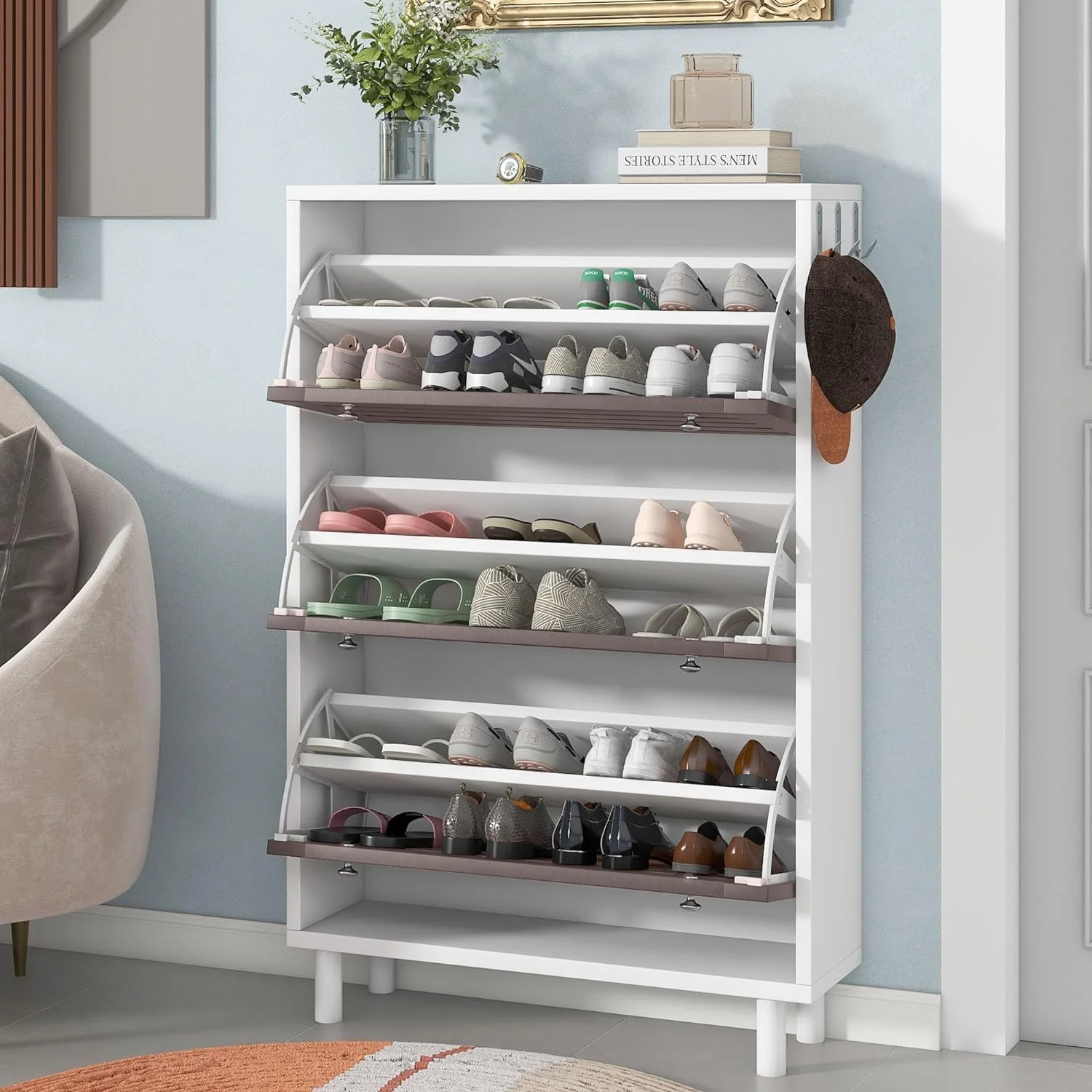 Minimalist Slim Shoe Cabinet with Hanging Hooks, Slits Design Panels Entryway Organizer with 3 Flip Drawers