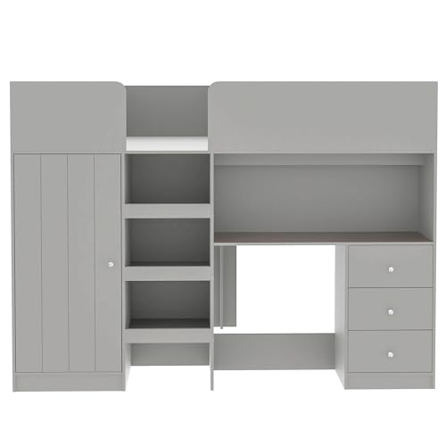 Harper & Bright Designs Full Size Loft Bed with Desk, Wood Full Loft Bed Frame with Built-in Wardrobe, Storage Shelves and Drawers, Gray