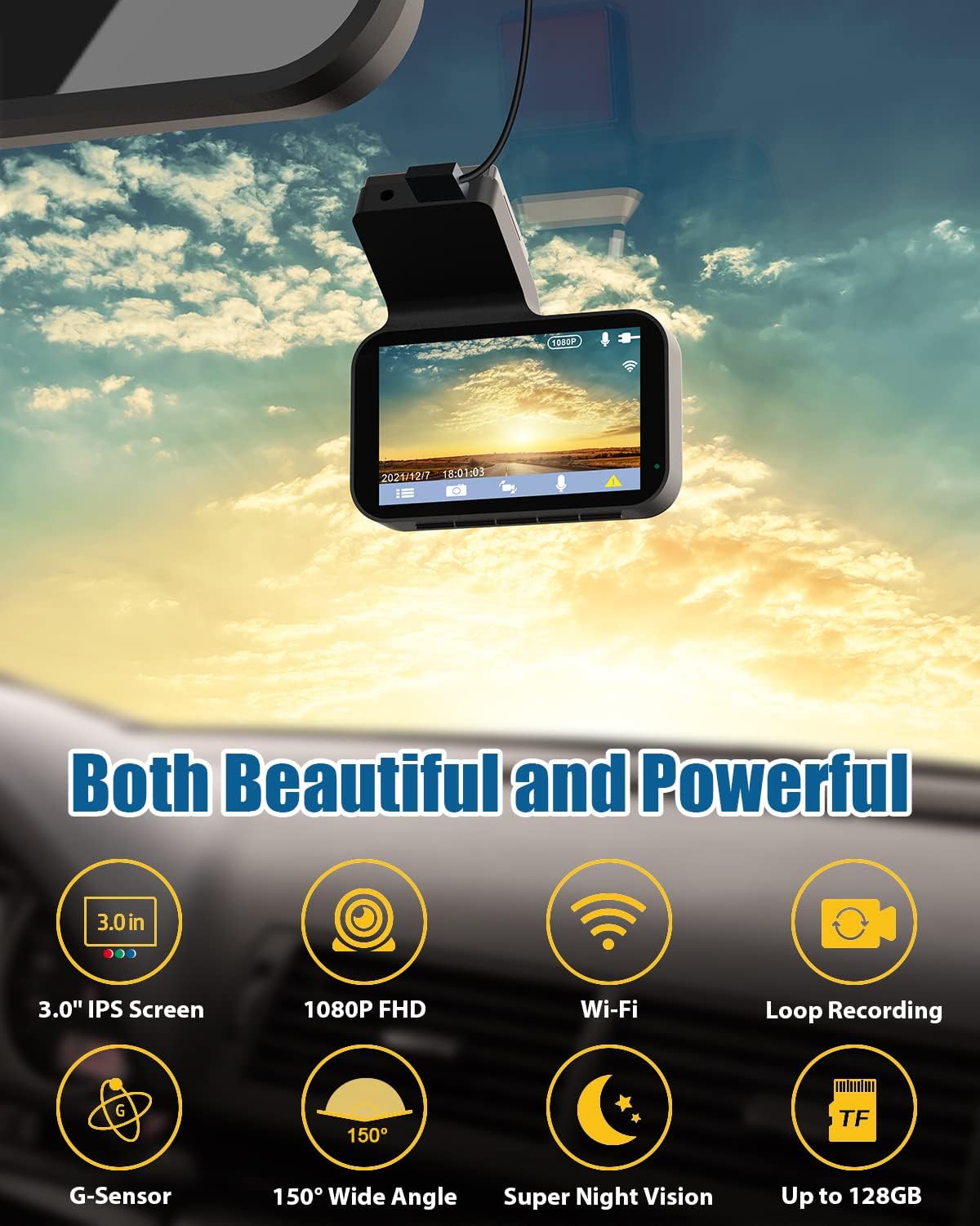 Dash Cam, Dash Camera for Cars Dashcam Car Camera Dashboard, 1080P Full HD, Built-in WiFi, 3 Inch IPS Screen, 150° Wide Angle, Night Vision, WDR
