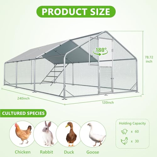 Large Chicken Coop,Metal Chicken Run for Yard with Feeding Door,Walk-in Chicken Pen for 10-20 Chickens,Outdoor Poultry Cage with Anti-UV Cover