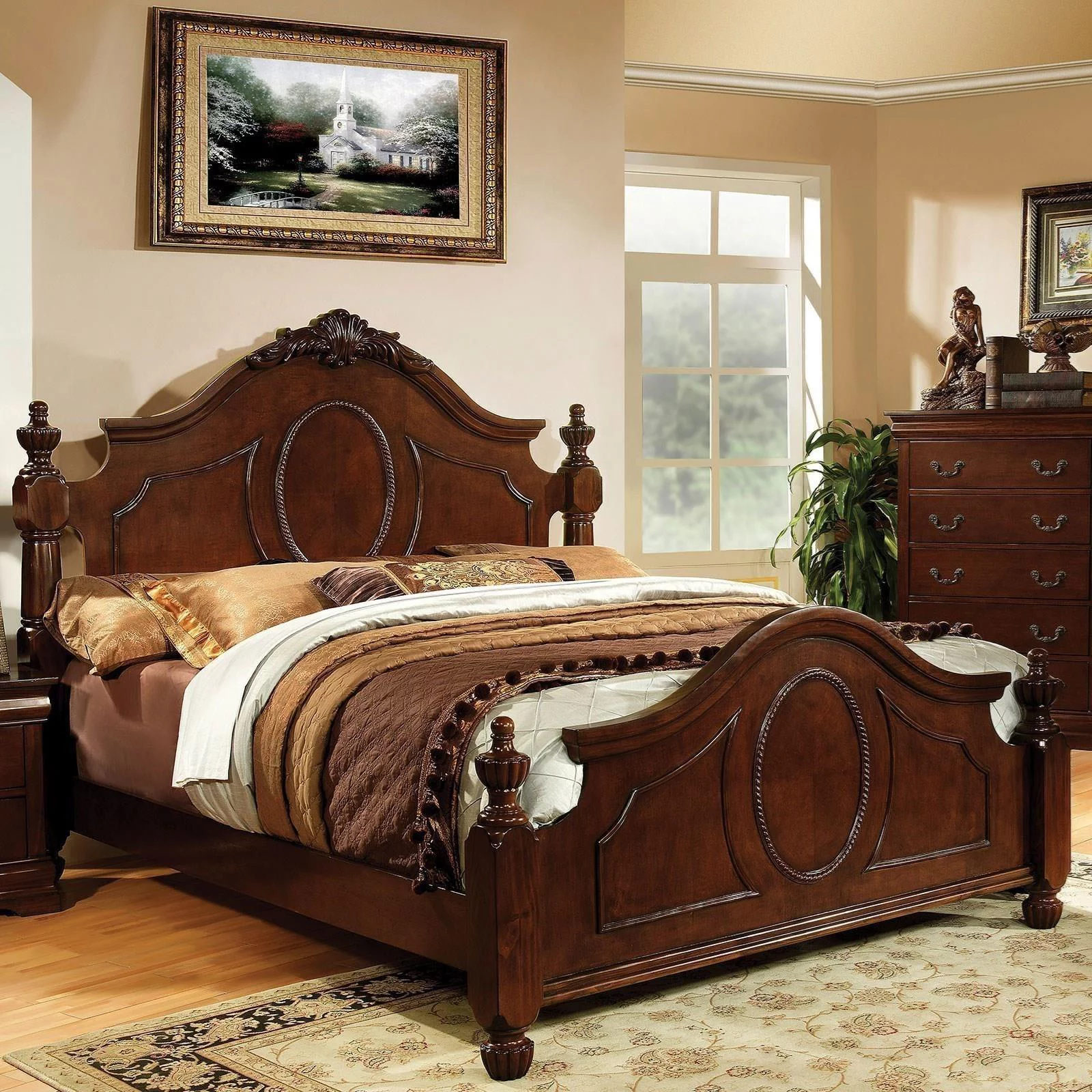 Traditional Brown Cherry Solid Wood Queen Bedroom Set 6pcs FOA CM7952-Q Velda