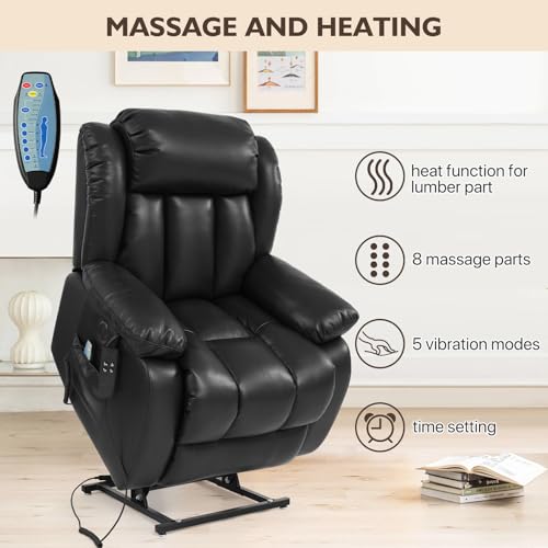 EDILLY Large Genuine Leather Power Lift Recliner Chairs for Elderly, Dual Motor with Massage and Heating,Double Lumbar Cushion and Extended Footrest