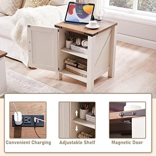 BBNBDMZ Nightstand w/Charging Station  18 Inch Farmhouse End Table w/Barn Door and Adjustable    Rustic Wood Sofa Side Table w/Magnetic Door for