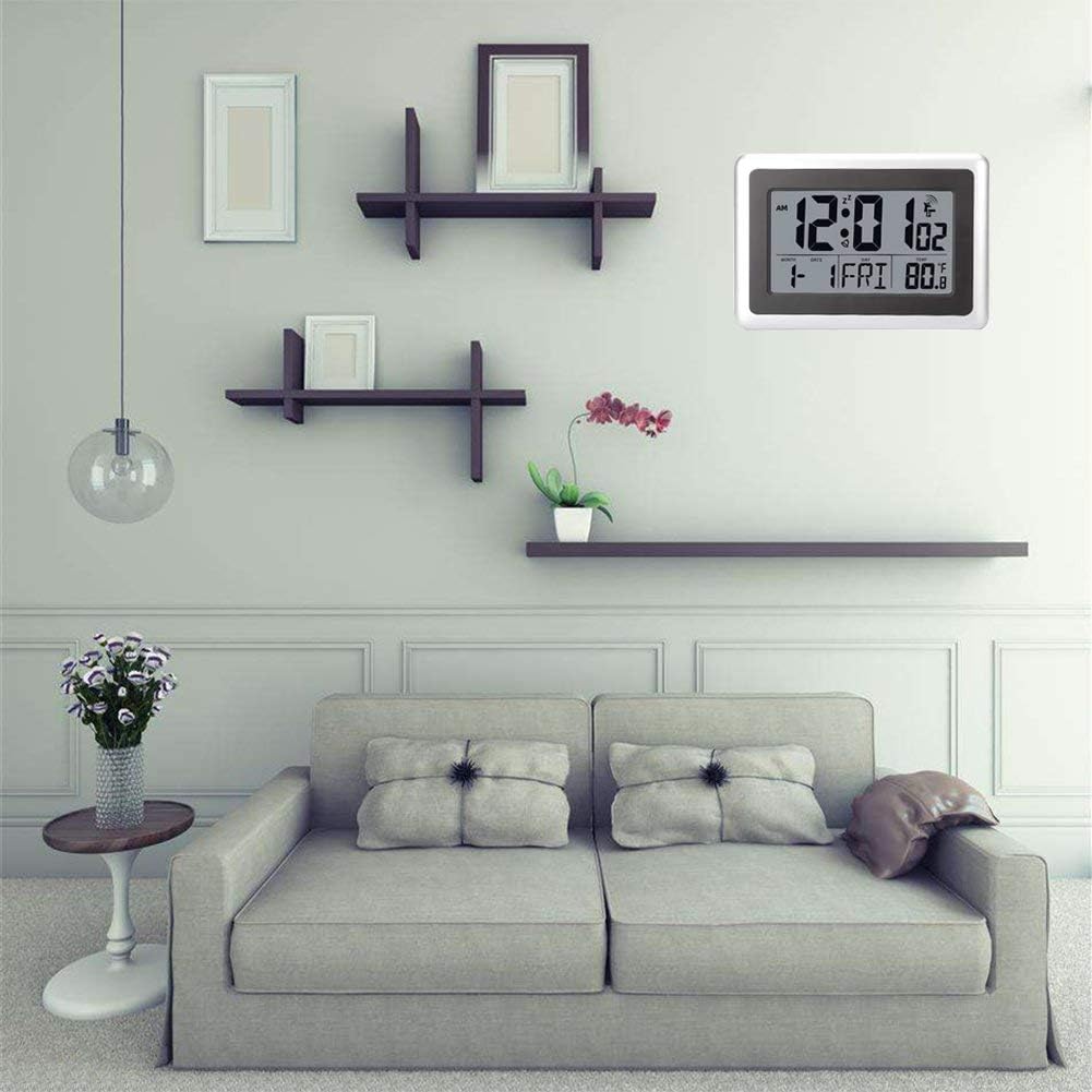 Atomic Wall Desk Clock Large Display with Indoor Outdoor Temperature Date Calendar