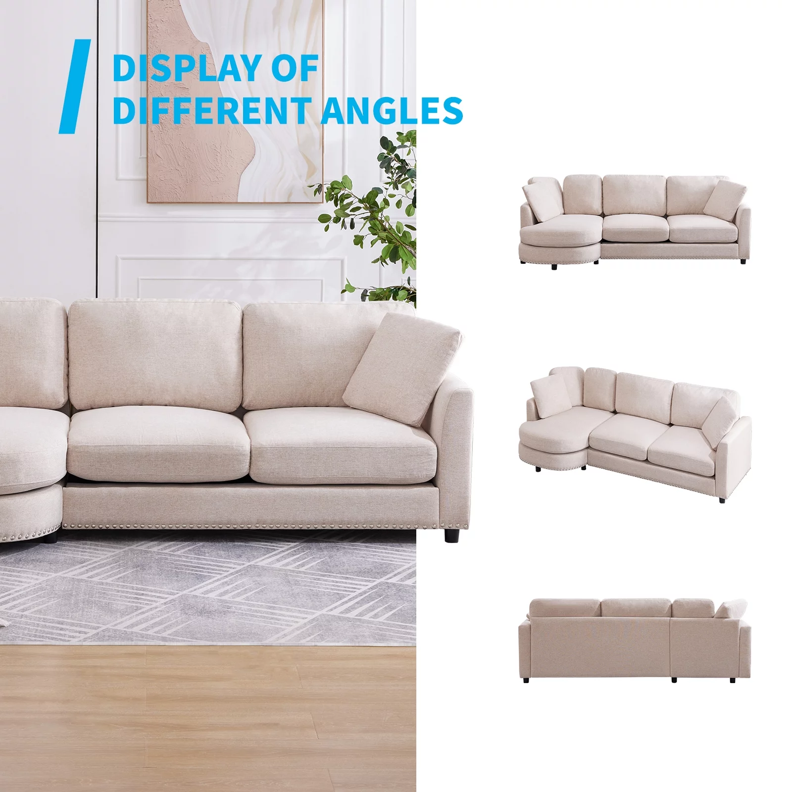 Puremind Sectional Sofa Couch with Chaise, Upholstered Curved Couch for Living Room/Apartment(Beige)