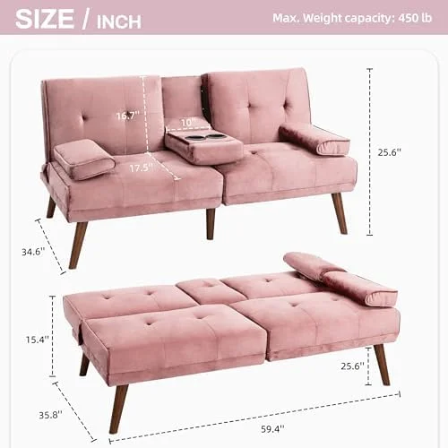 NLIBOOMLife Futon Couch Sofa Bed Convertible Folding Small Sleeper Loveseat with Removable Armrests  Wood Legs  2 Cup Holders for Small Spaces