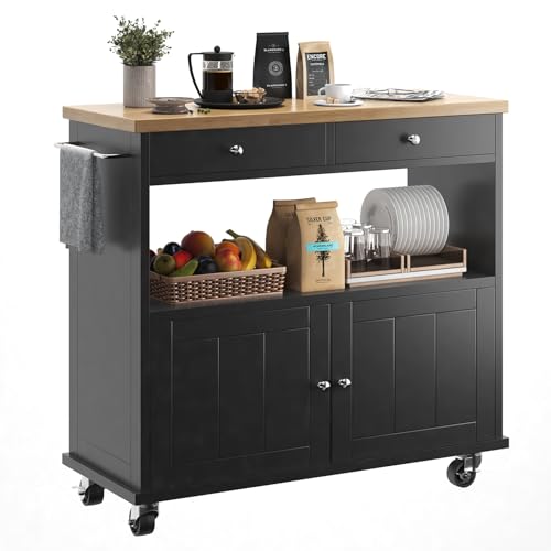 Rolling Kitchen Island with Storage Cabinet, 35.4'' Width Kitchen Cart, 2 Drawers Island Table, Portable Mobile Kitchen Island with Towel Rack