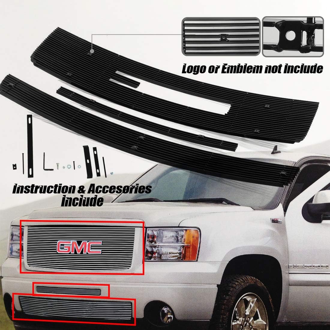 Front Chrome Grill Grille Fits 2007-2013 GMC Sierra 1500 New Body/07-10 Denali Billet Grille Grill Combo