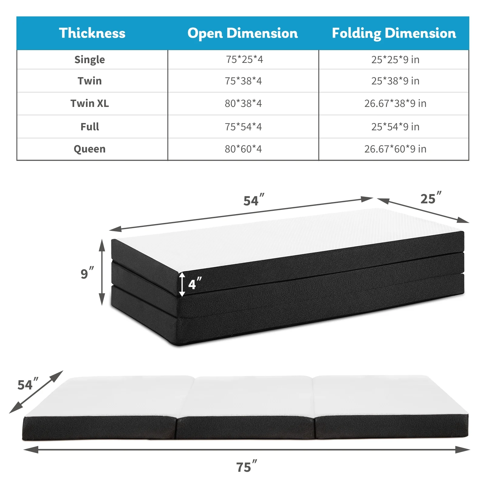 Smiaoer 4 inches Tri-Fold Memory Foam Mattress with Cover,Full Size Mattress Topper - Radiant Selections