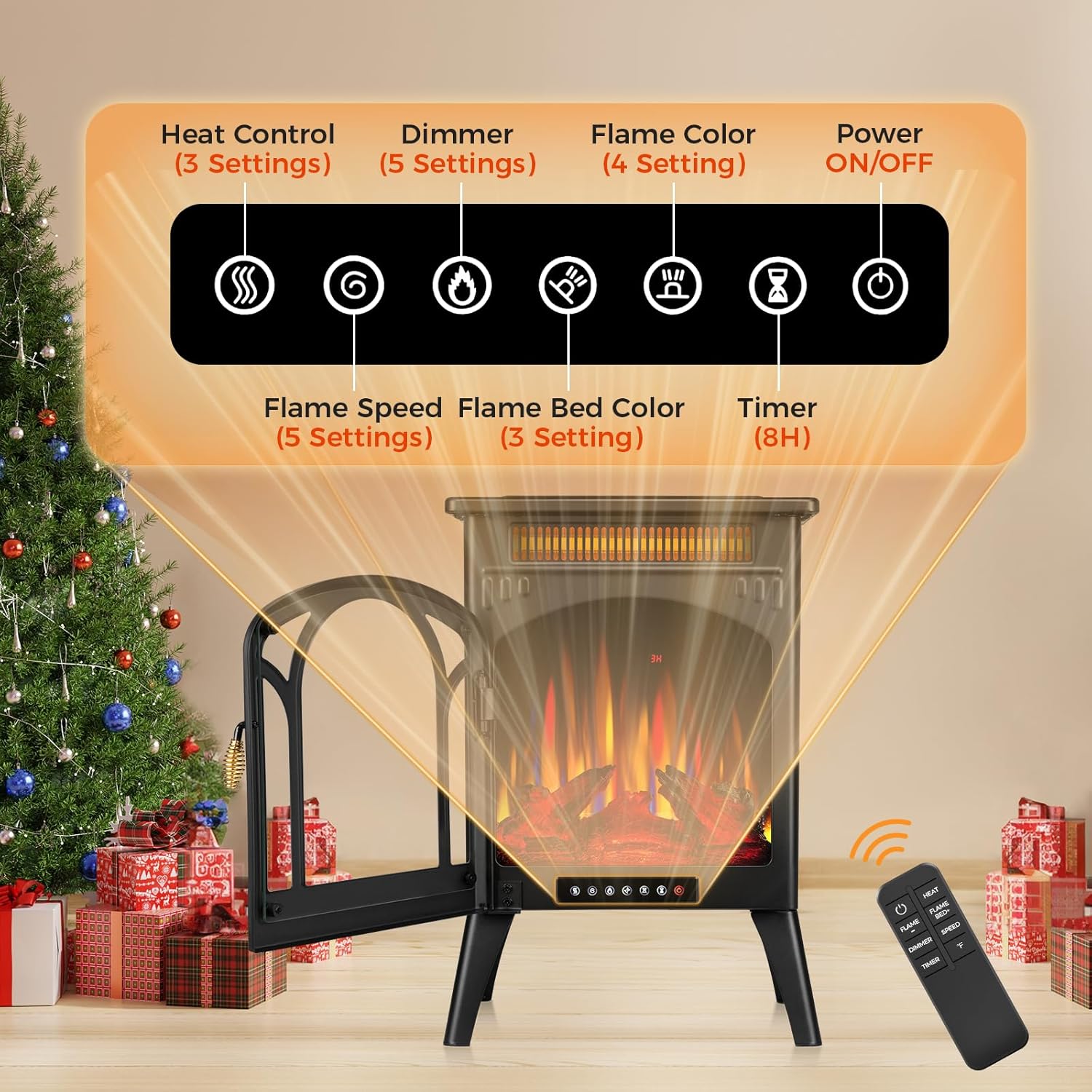 COWSAR Electric Fireplaces, 1500W Infrared Electric Stove Heater, Efficient Heating, 3D Realistic Flame, Remote Control, 8H Timer