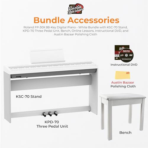 Roland FP-30X 88-Key Digital Piano - Black Bundle with Adjustable Stand, Bench, Sustain Pedal, Online Piano Lessons, Instructional DVD
