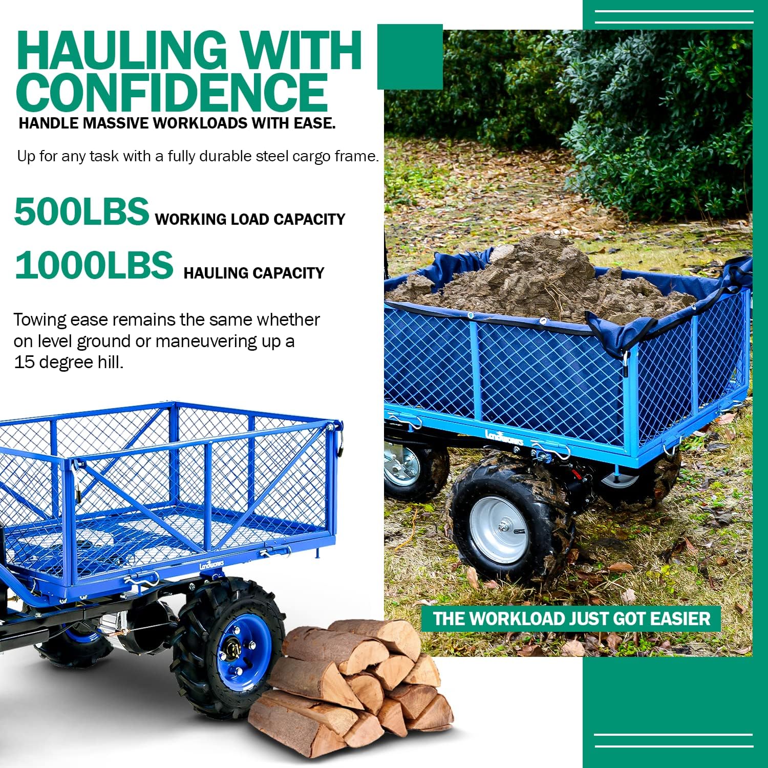 Landworks Utility Service Cart Wheelbarrow Power Wagon Super Duty Electric 48V DC Li-Ion Battery Powered 500LBS Load & 1000LBS+ Hauling Capacity Farm