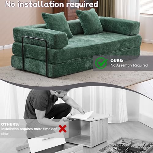 Convertible Floor Sofa Bed, Foldable Mattress Cloud Couch with Pillow Back & Armrest, Chenille Sleeper Sofa Bed with Fixed-Shape Frame