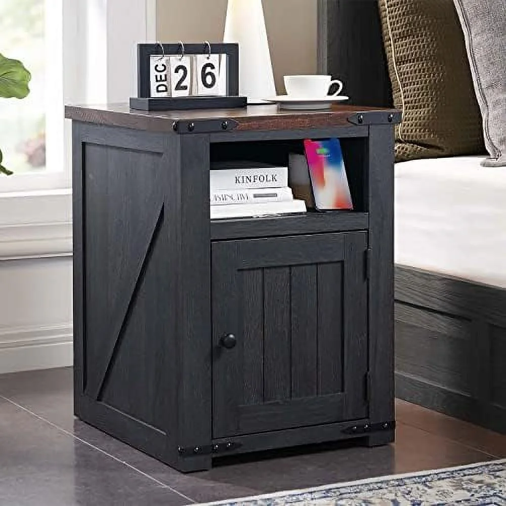 SJOINGB Nightstand with Charging Station  20" Farmhouse End Table w/Groove Barn Door  Rustic Wood Sofa Side Bedside Table w/Open &amp