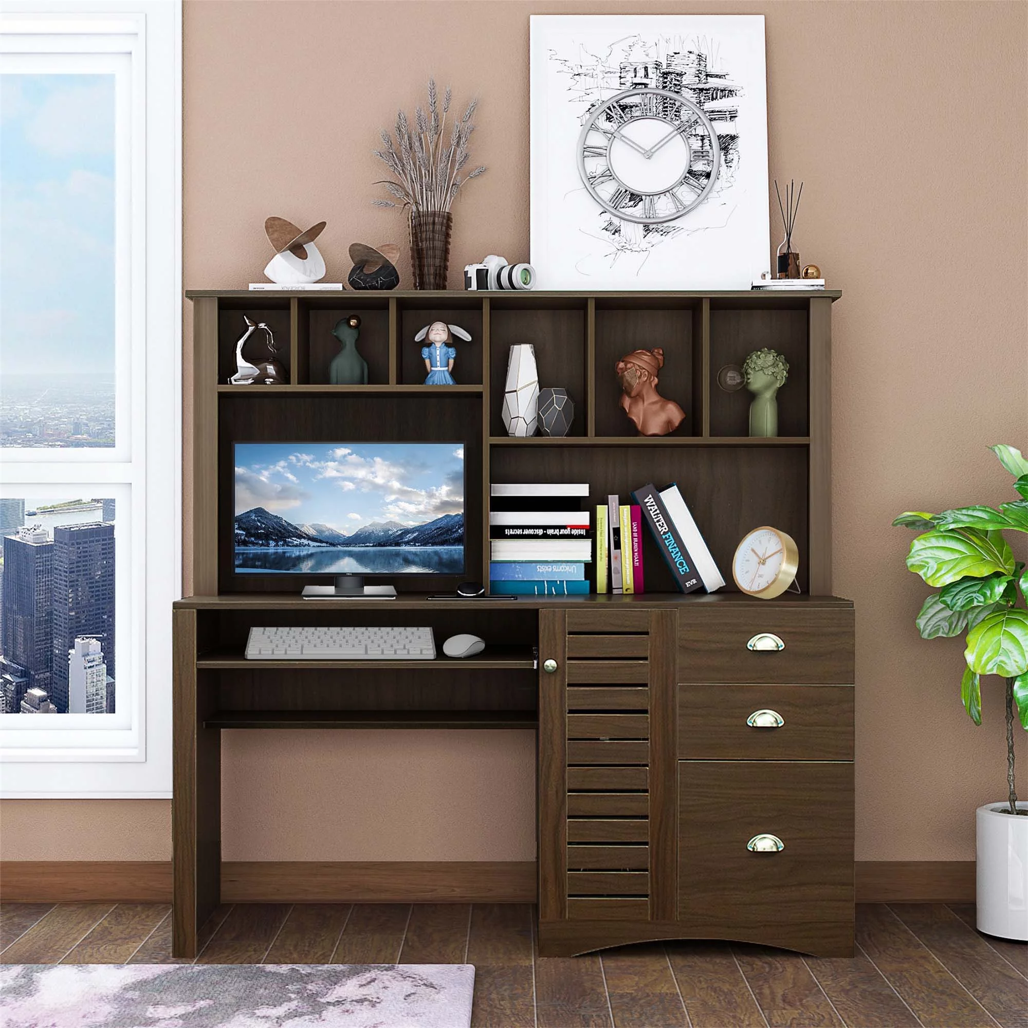 Momspeace Home Office Computer Desk with Hutch, 3 Drawers, Study Table, Keyboard Tray, Walnut