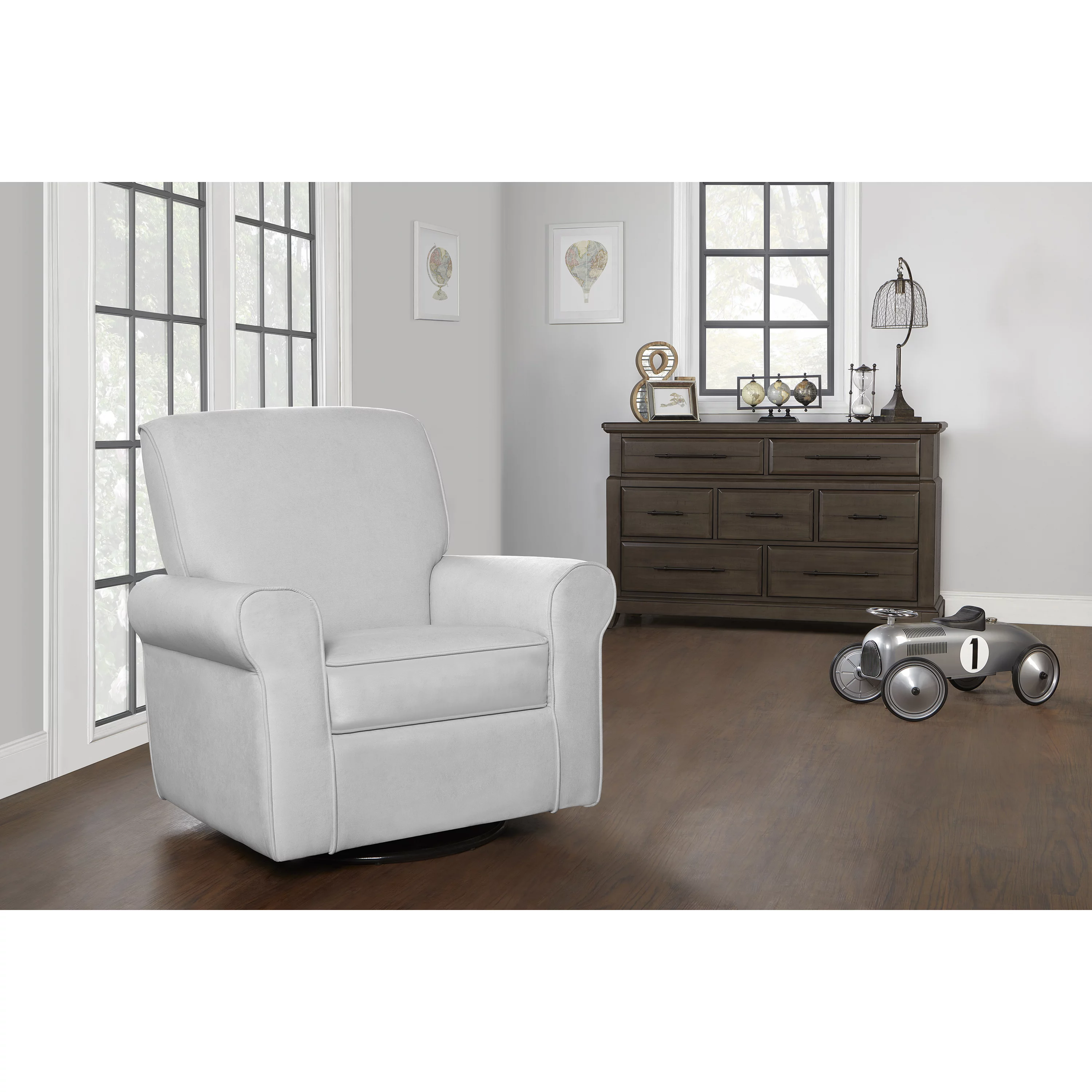 Evolur London Upholstered 360 Swivel l Glider I Rocker I Nursery Glider I Durable Soft Fabric in Gray Finish